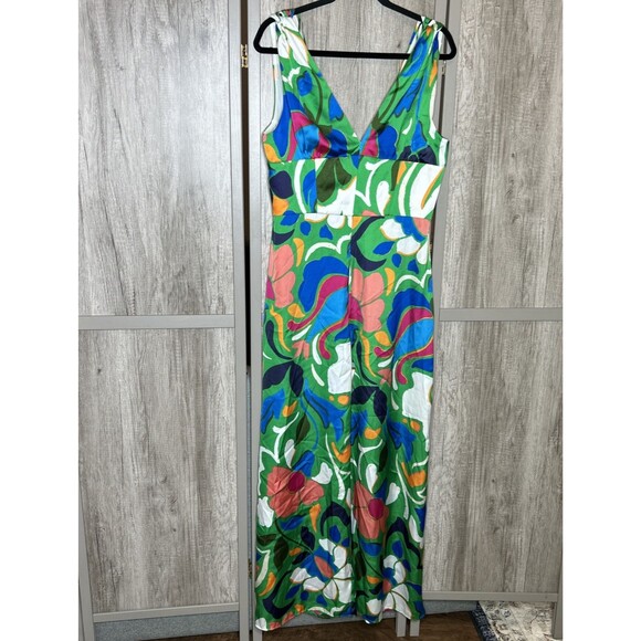 Zara Pants - Zara Jumpsuit Size L Wide Leg Satin Open Back Knotted Straps Printed NWT